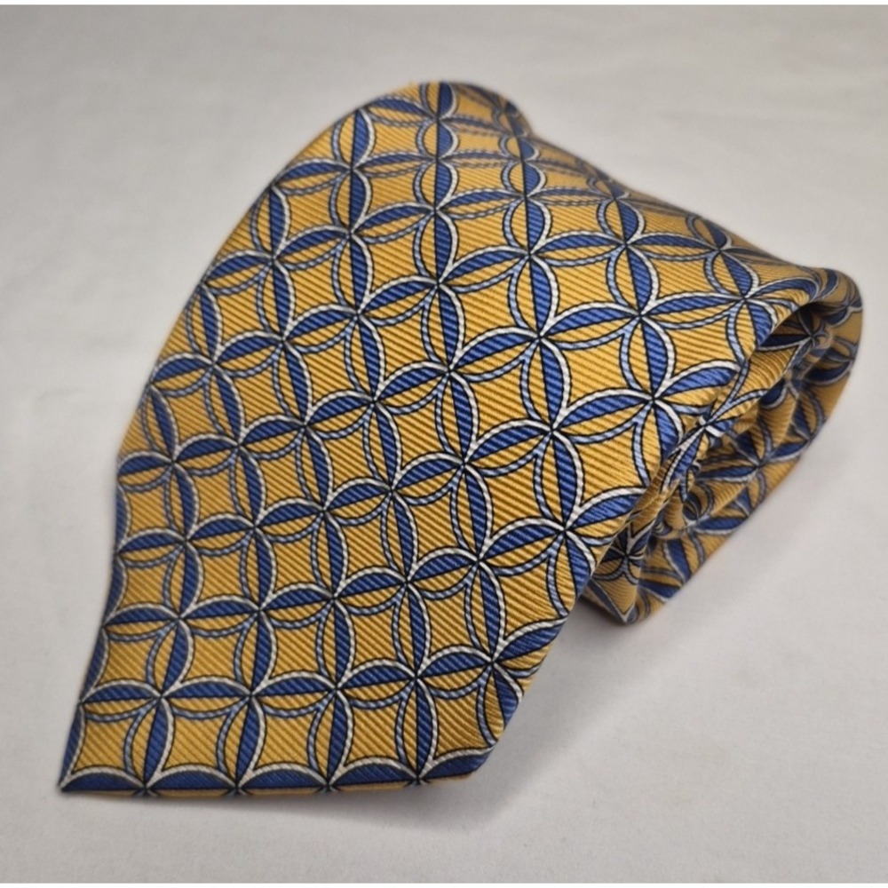 Jos. A. Bank Mens Repp Tie‎ Yellow Blue Geometric Design Silk Italy XL Necktie - Picture 7 of 7
